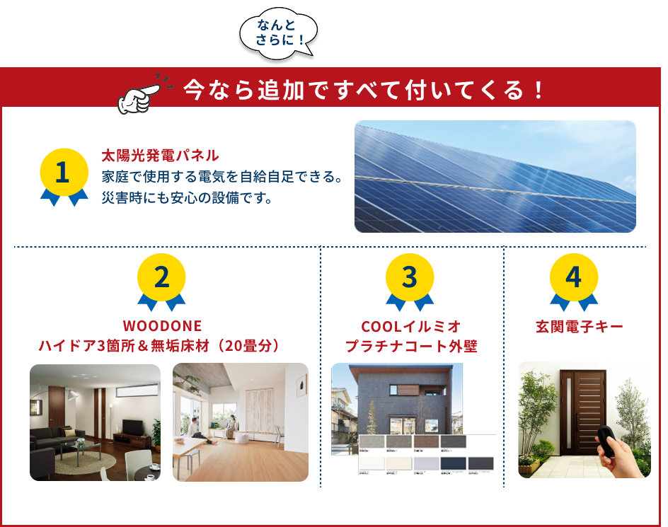 今なら追加ですべて付いてくる！ ①太陽光発電パネル　②照明・カーテン　③WOODONE ハイドア3箇所＆無垢床材（20畳分）　③COOLイルミオ プラチナコート外壁　④玄関電子キー