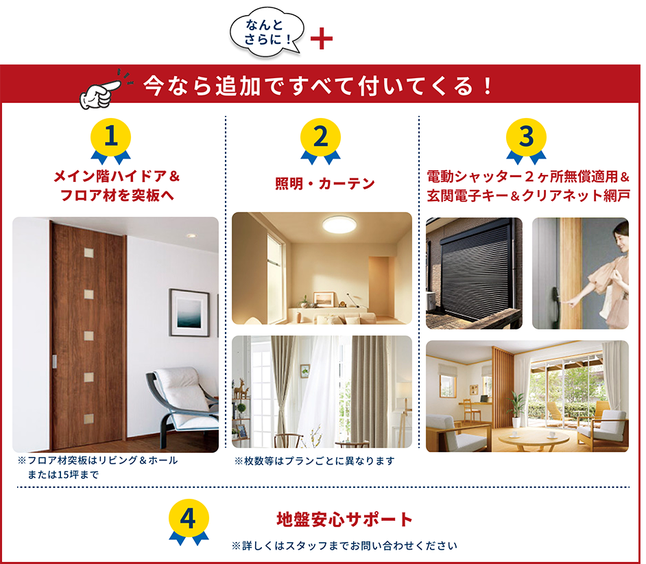 今なら追加ですべて付いてくる！ ①メイン階ハイドア＆フロア材を突板へ　②照明・カーテン　③電動シャッター２ヶ所無償適用＆玄関電子キー＆クリアネット網戸　④地盤安心サポート